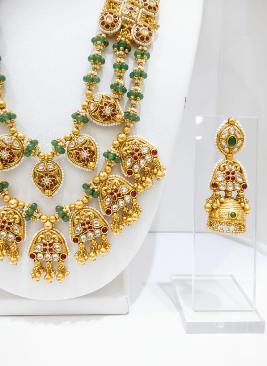 Majestic Heritage Temple Long Haram Set with Ruby & Emerald Beads - Image 3