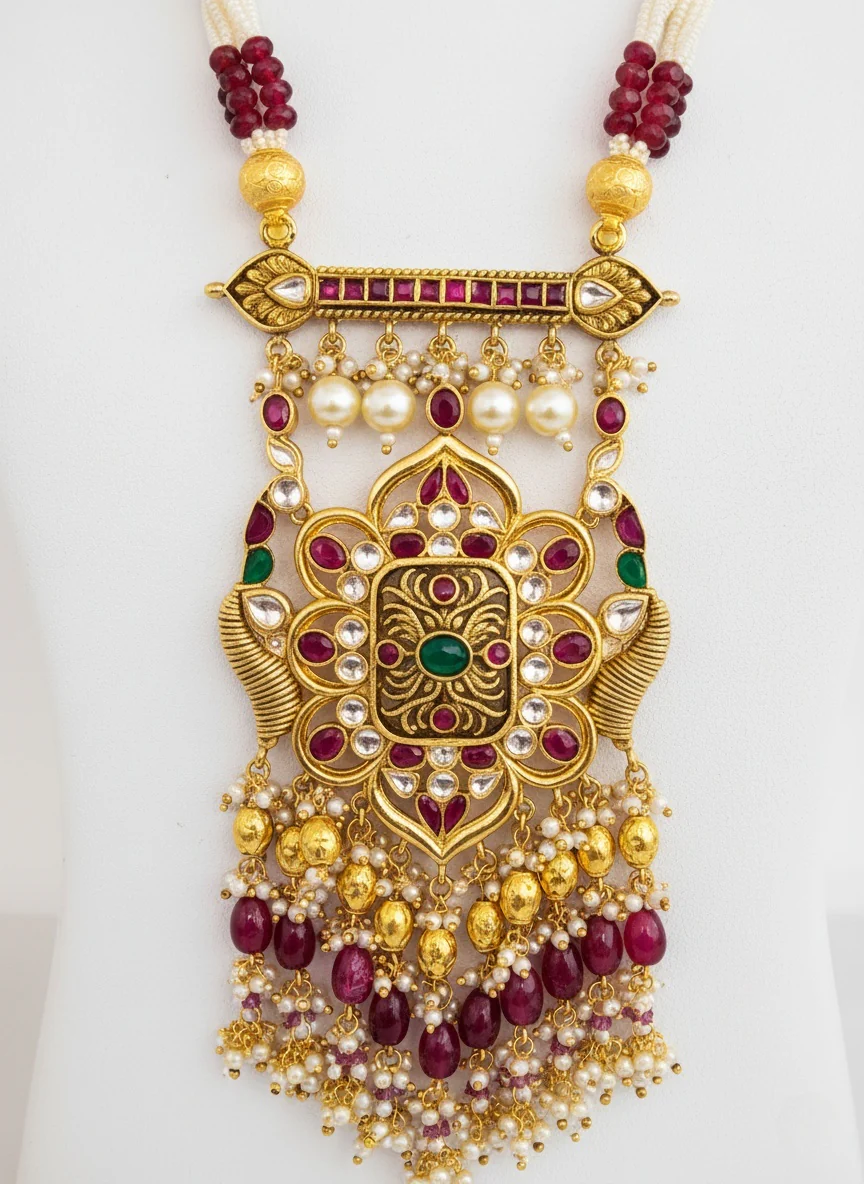 Majestic Kundan Temple Necklace Set with Ruby & Emerald Detailing - Image 3