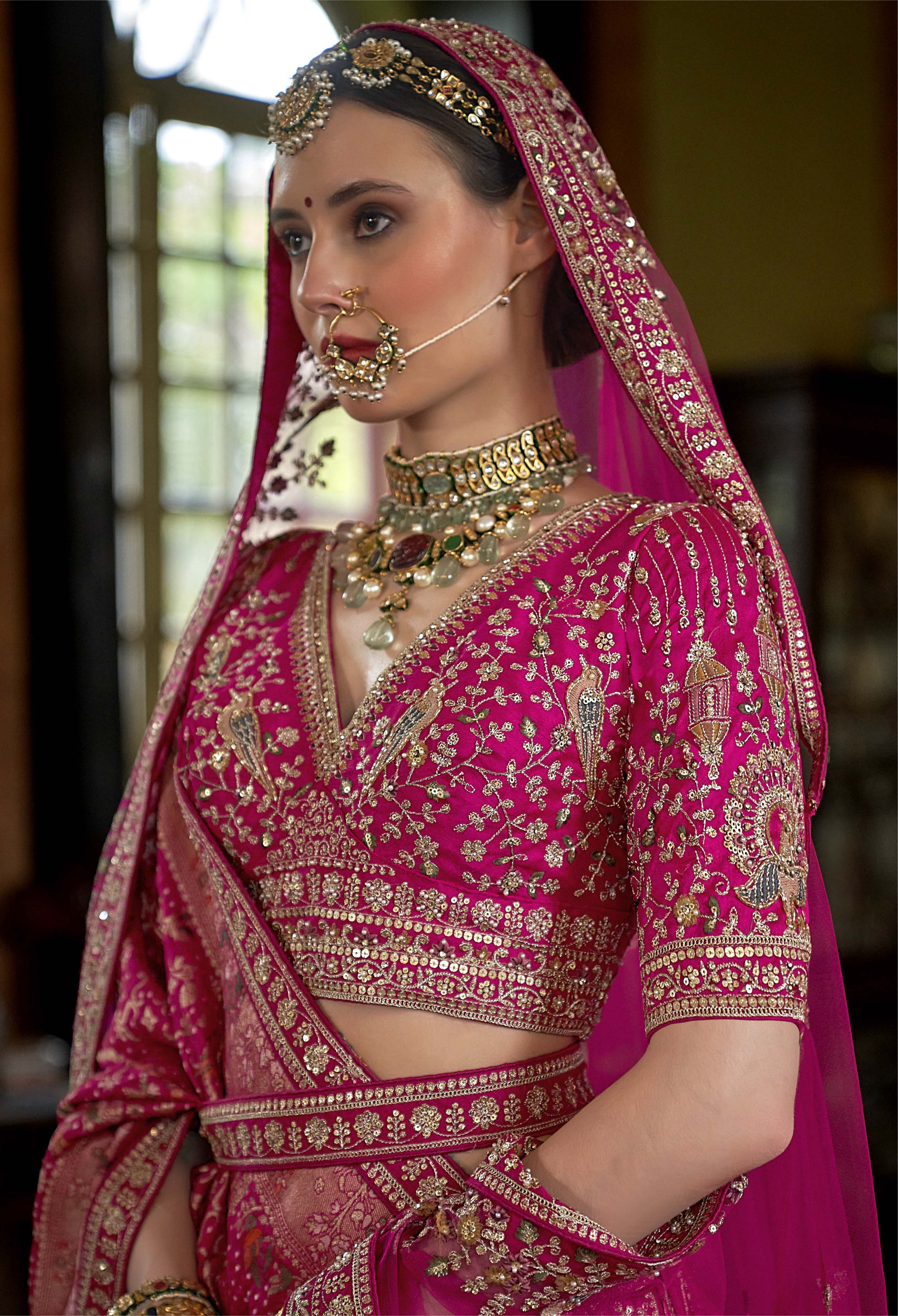 Majestic Magenta Pink Bridal Lehenga with Zardozi & Peacock Motifs – Double Dupatta Royal - Image 2