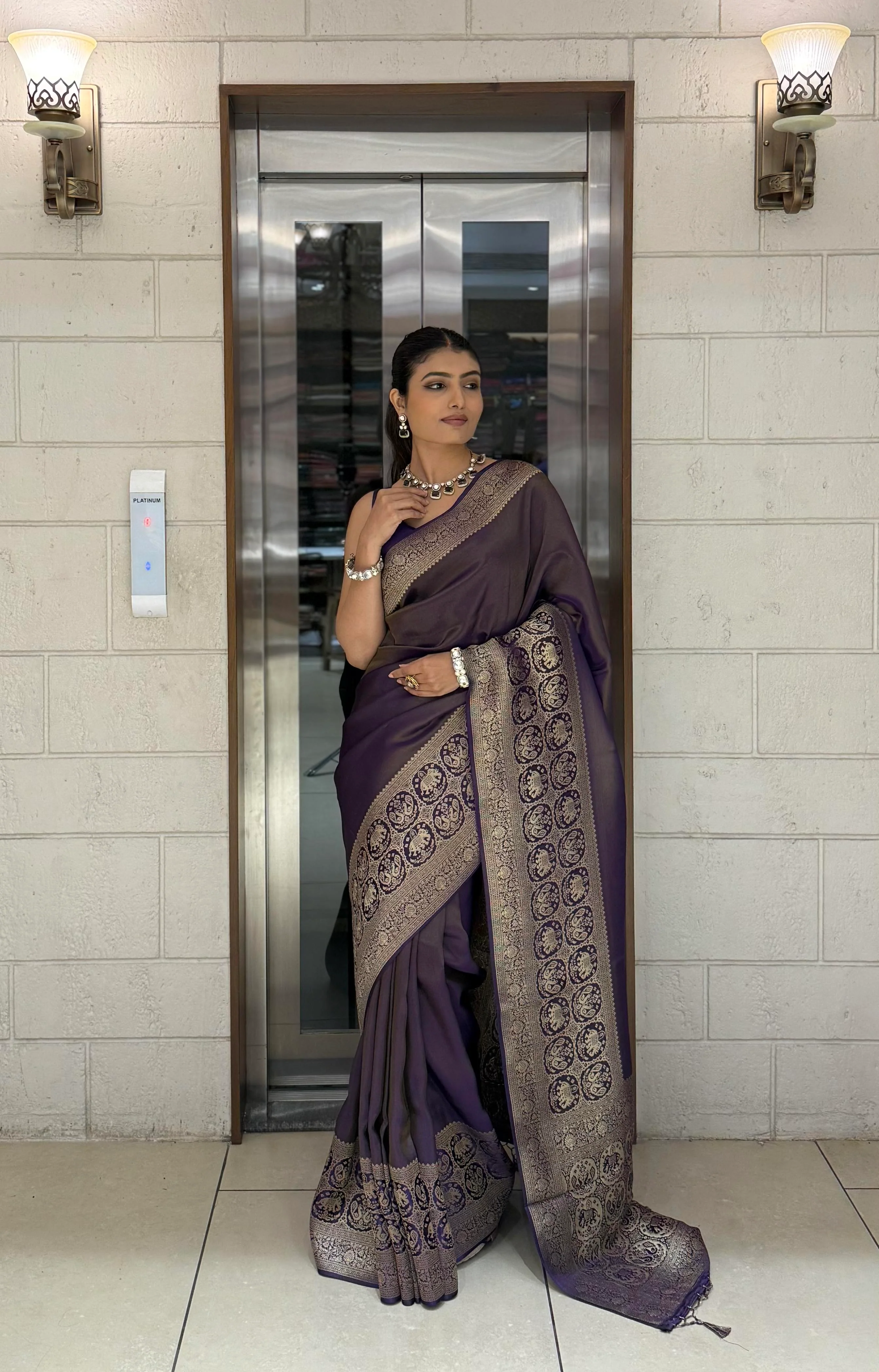 Majestic Plum Kanjivaram Silk Saree with Antique Zari Border & Traditional Motifs - Image 3