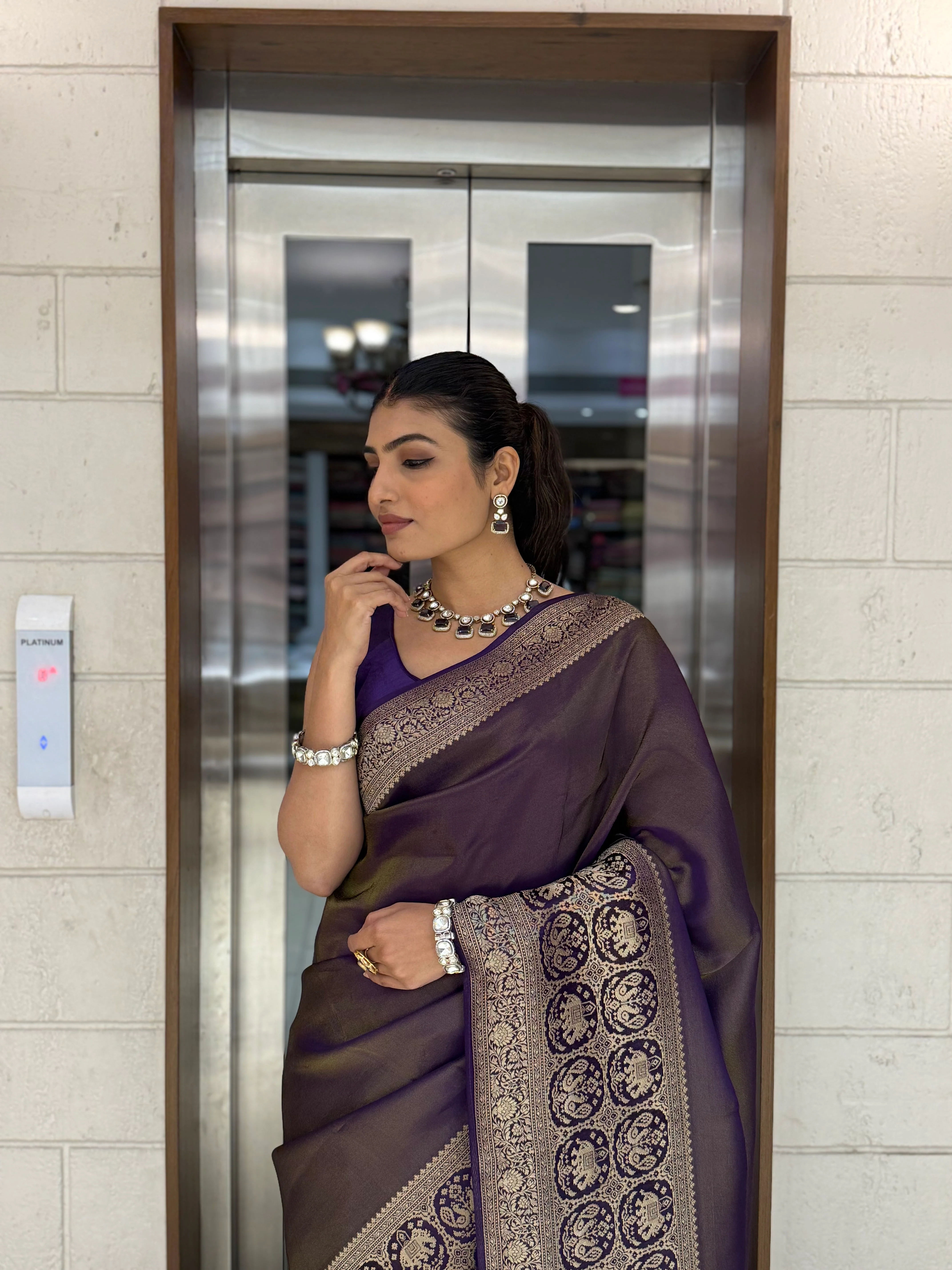 Majestic Plum Kanjivaram Silk Saree with Antique Zari Border & Traditional Motifs - Image 8