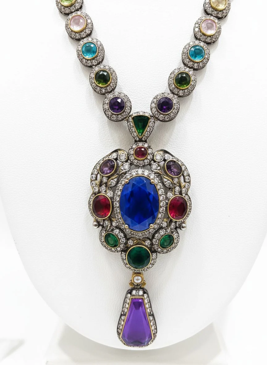 Majestic Sapphire Blue & Multicolor Polki Necklace Set with Royal Pendant - Image 3