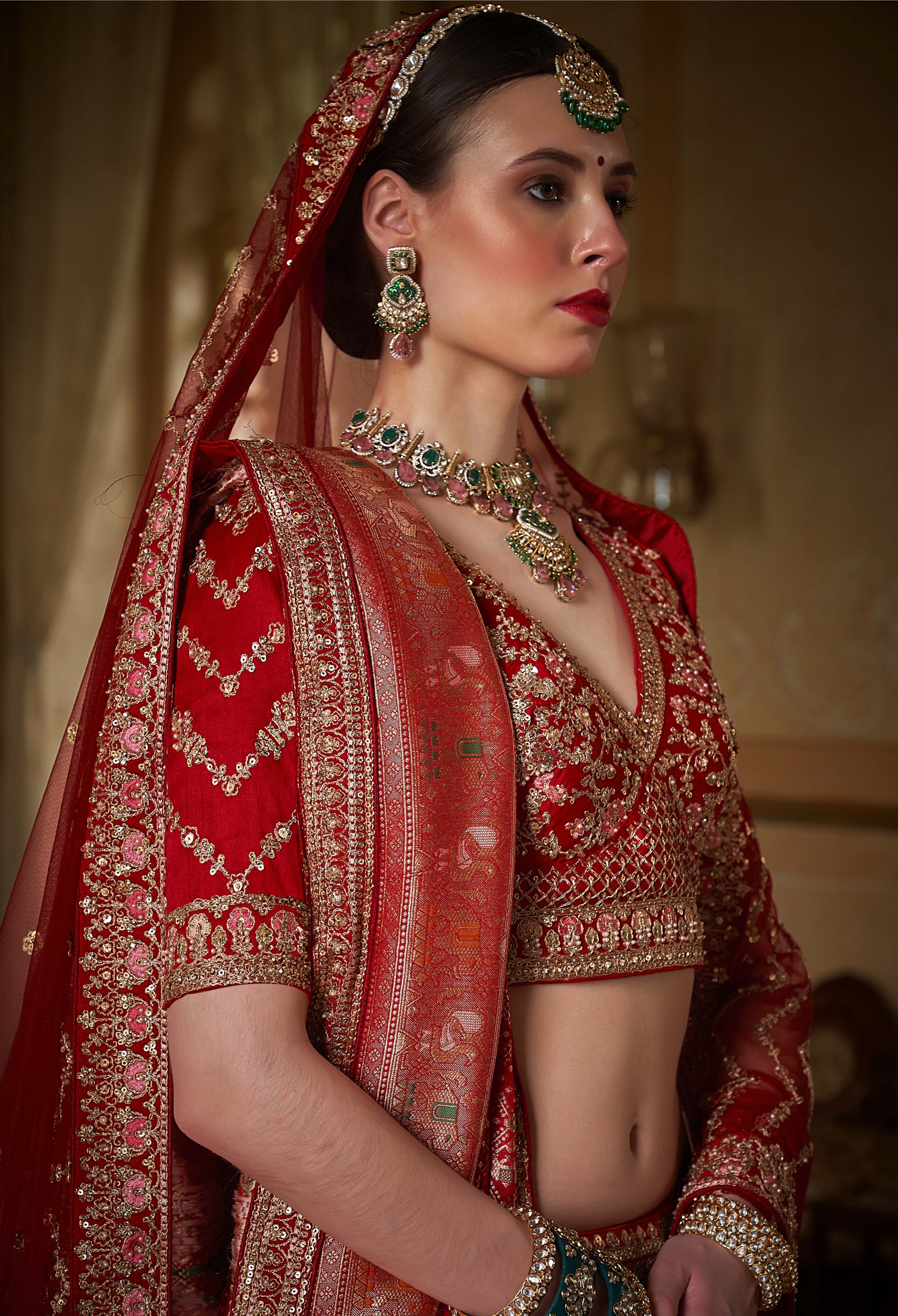 Majestic Scarlet Red Bridal Lehenga with Handcrafted Zardozi & Kashmiri Paisley Embroidery - Image 2
