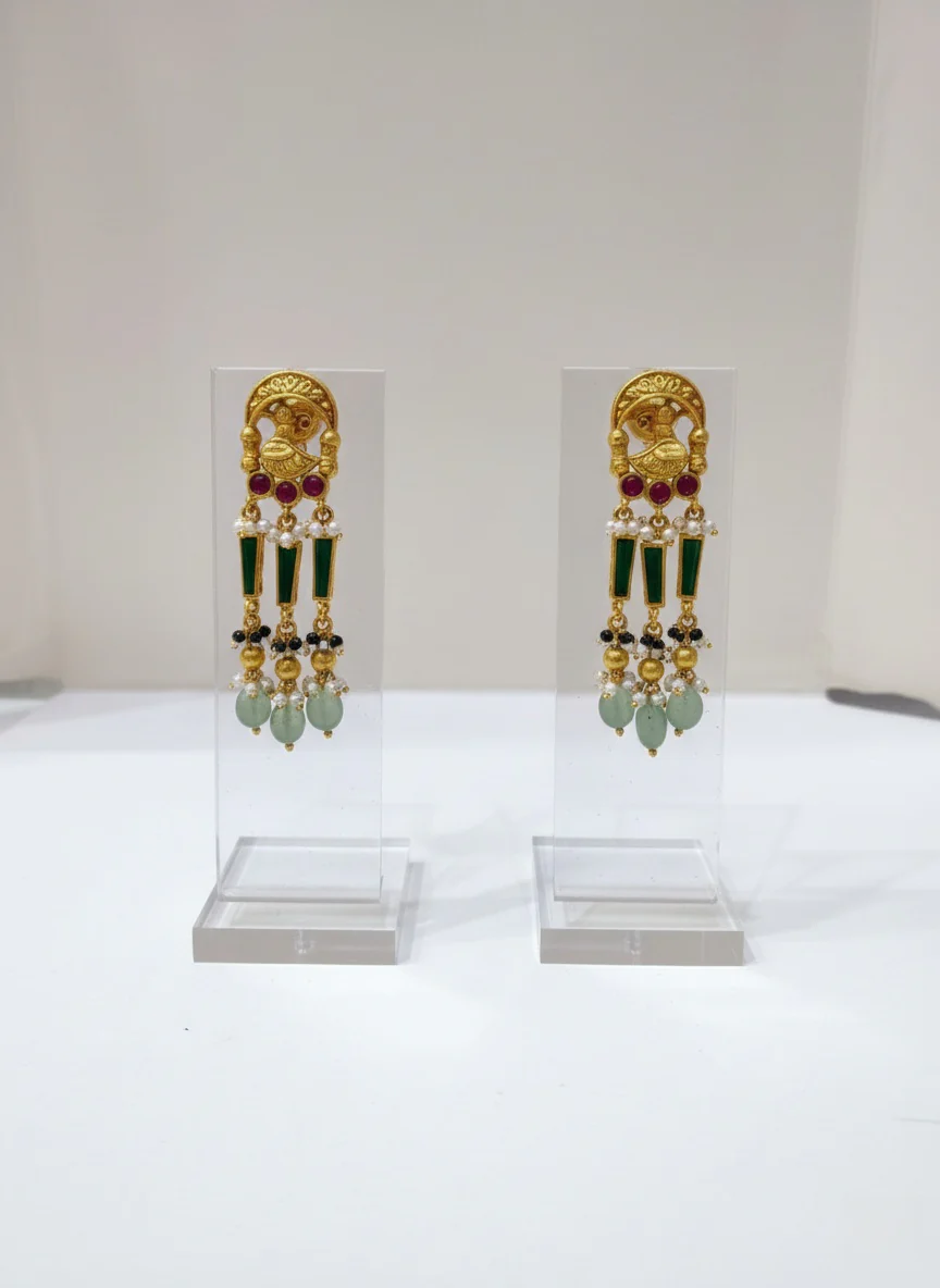 Majestic Temple Necklace Set with Kundan Work & Green Bead Detailing - Image 2