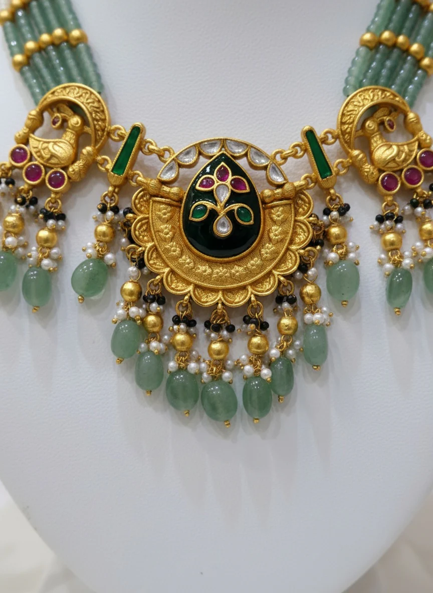 Majestic Temple Necklace Set with Kundan Work & Green Bead Detailing - Image 3