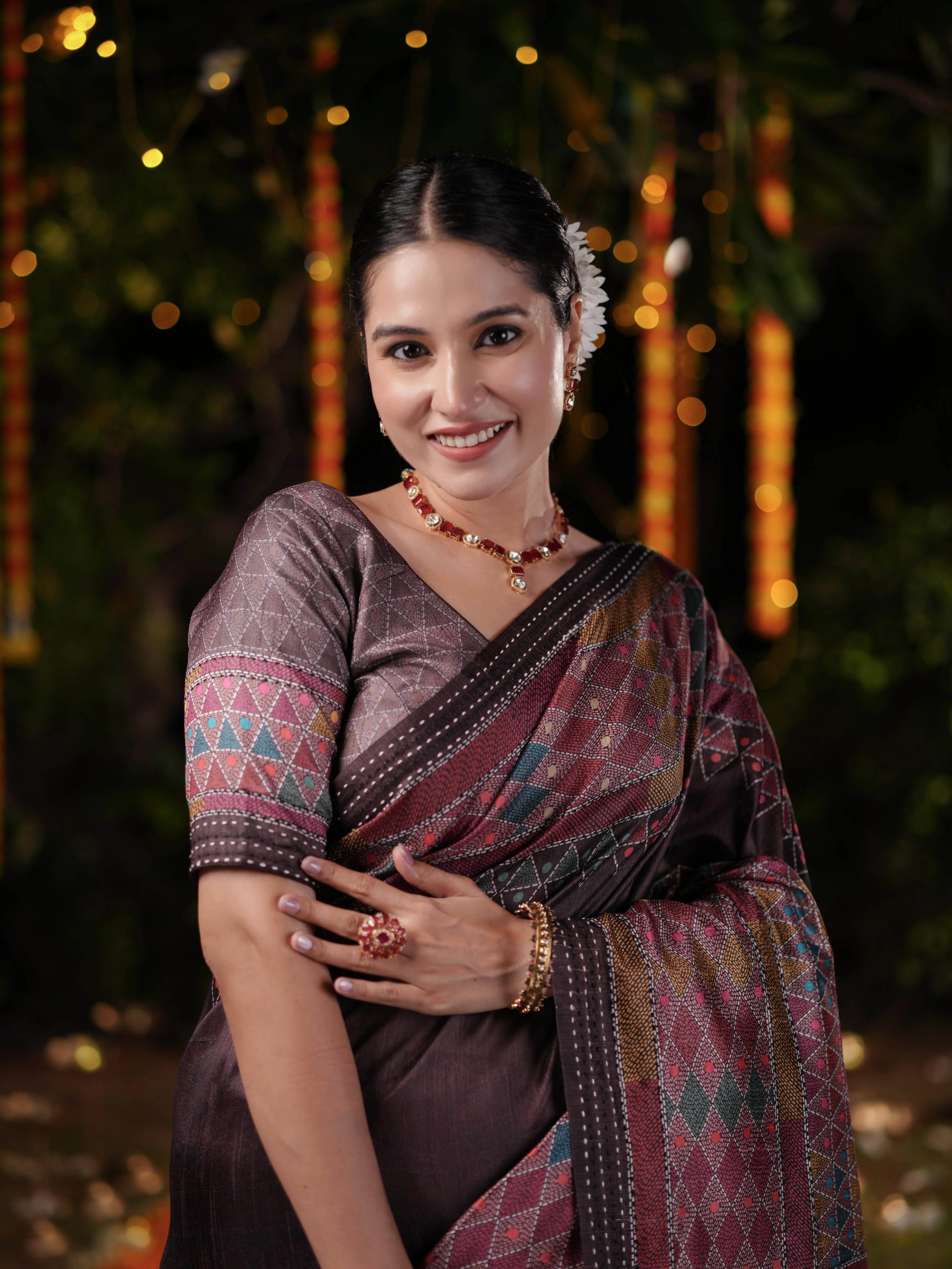 Maroon and Brown PV cotton Khadi Saree with Geometric Print and Unstitched Blouse - Image 4