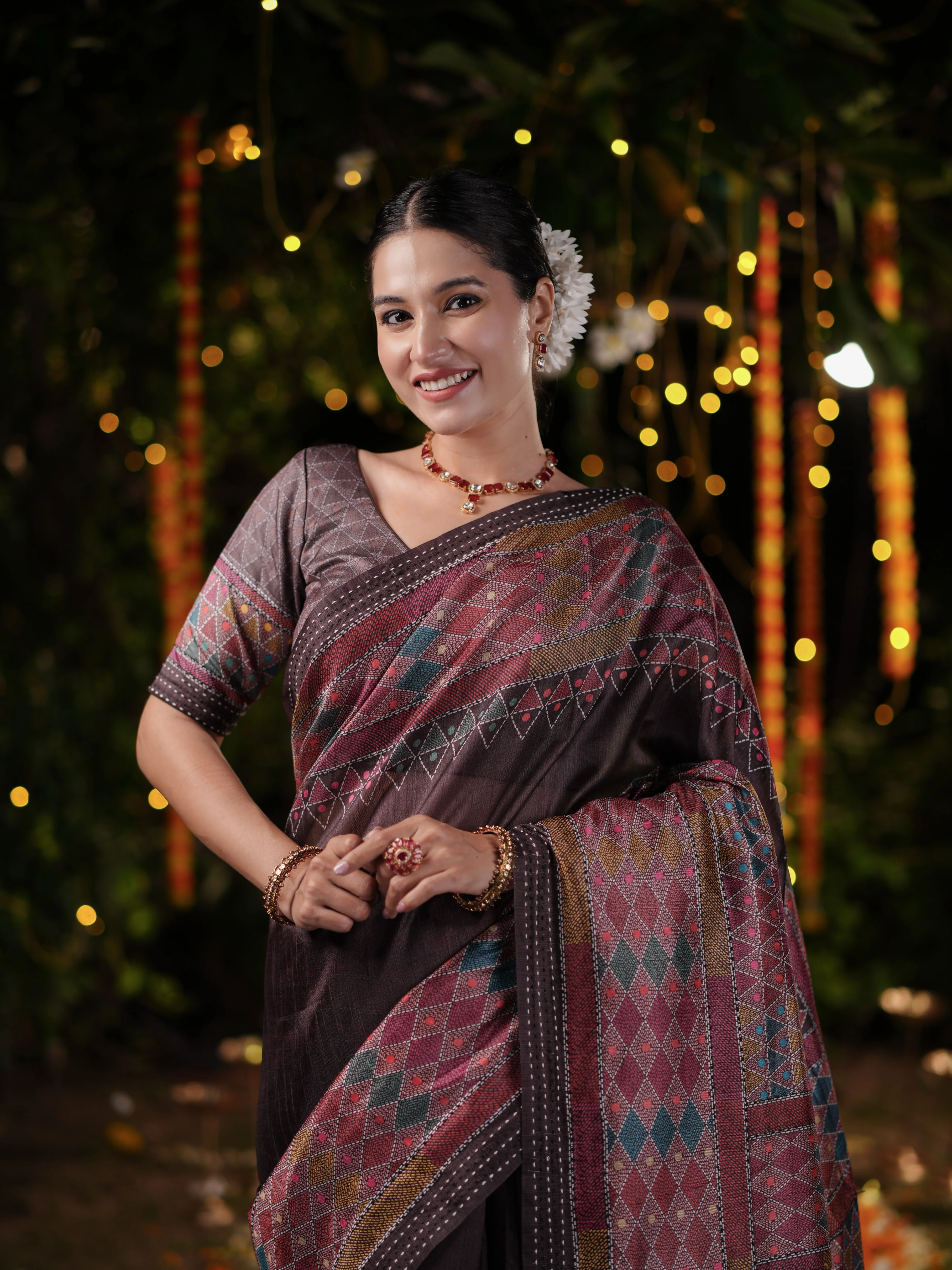 Maroon and Brown PV cotton Khadi Saree with Geometric Print and Unstitched Blouse - Image 5