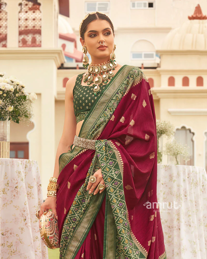 Royal Maroon & Green Patola Silk Saree with Traditional Woven Border - Image 2