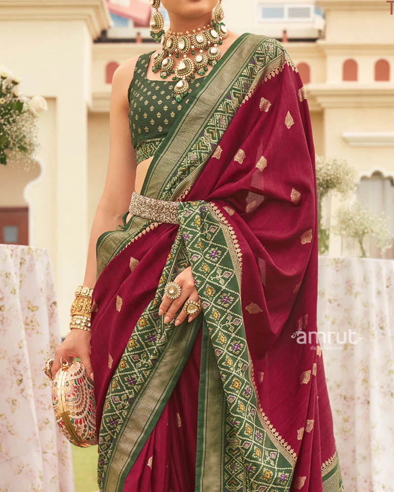 Royal Maroon & Green Patola Silk Saree with Traditional Woven Border - Image 3