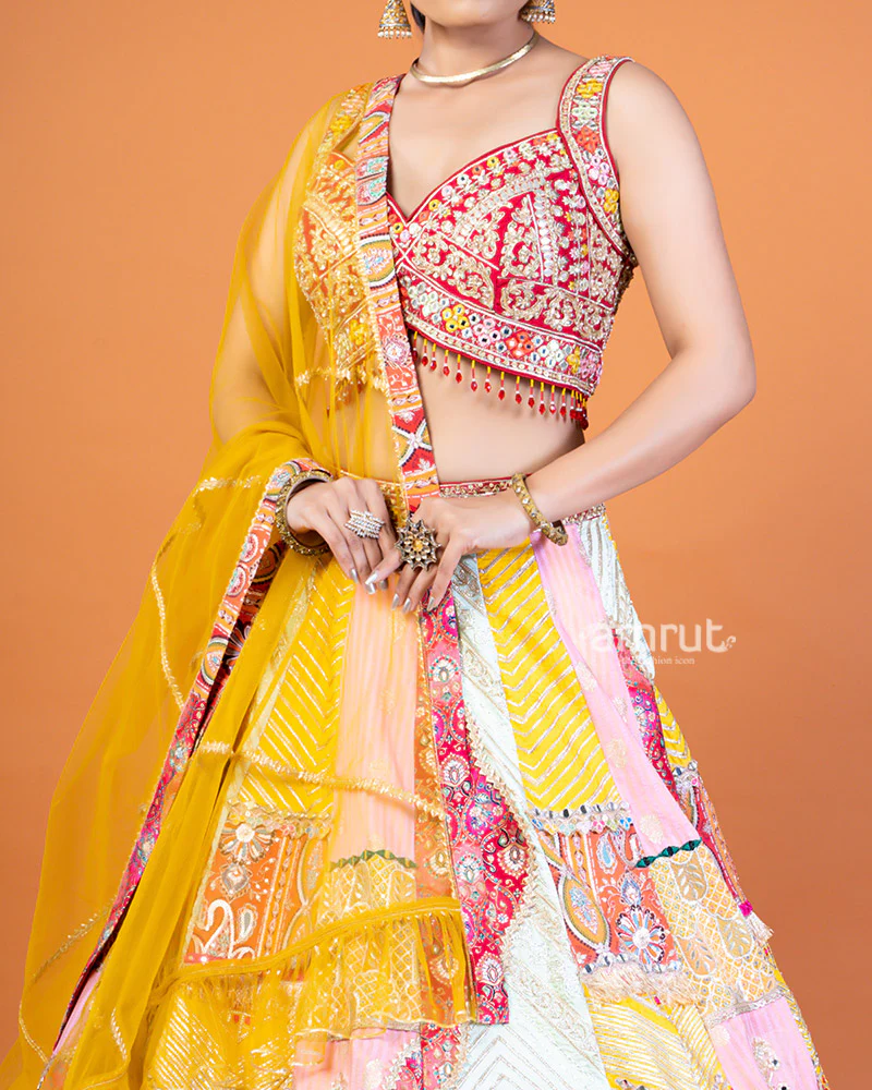 Maroon and Multicolor Embellished Lehenga Choli Set with Mustard Yellow Dupatta - Image 3