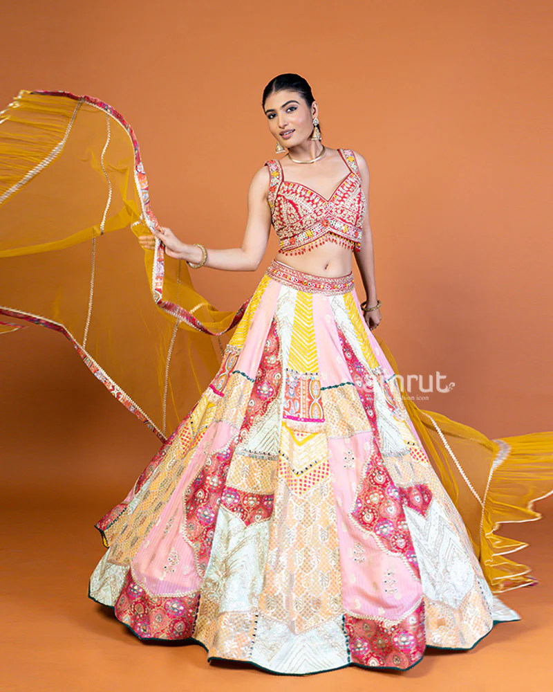 Maroon and Multicolor Embellished Lehenga Choli Set with Mustard Yellow Dupatta - Image 4
