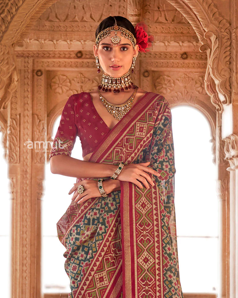 Maroon and Teal Patola Printed Saree with Unstitched Blouse - Image 2