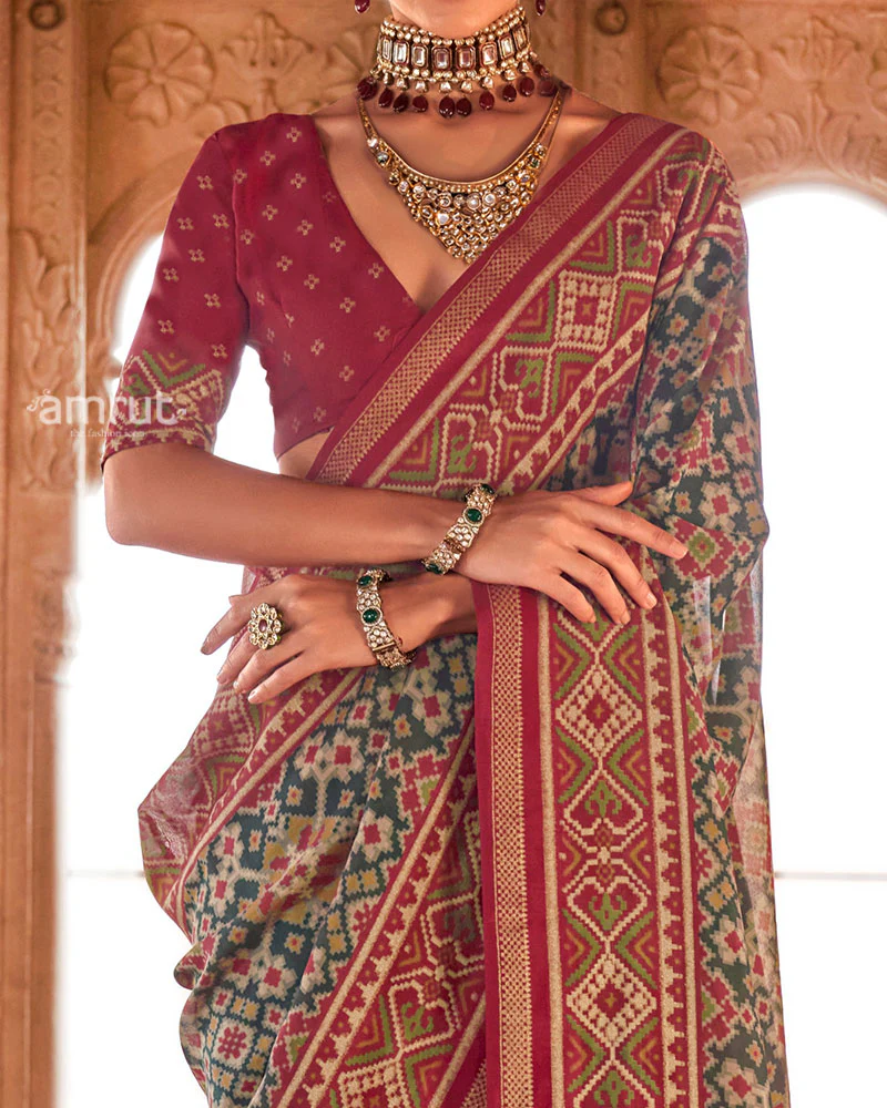Maroon and Teal Patola Printed Saree with Unstitched Blouse - Image 3