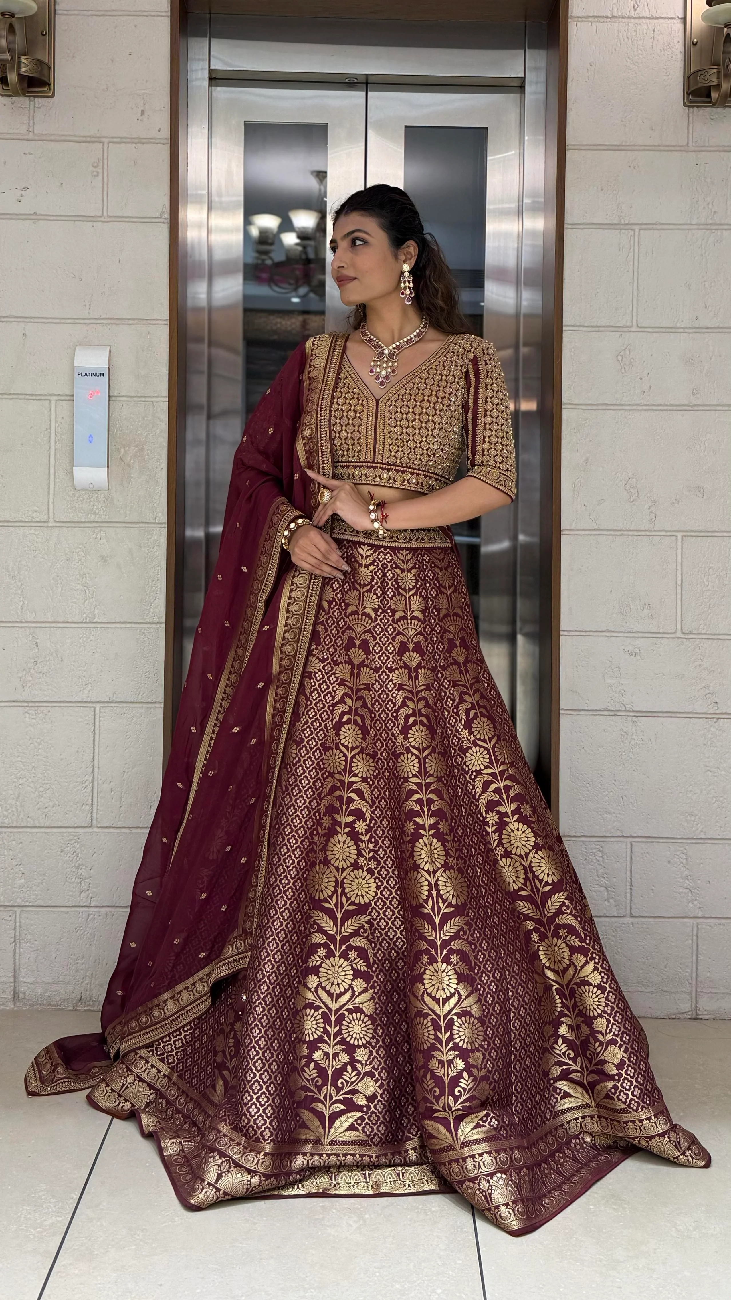 Maroon Banarasi Silk Lehenga Set with Heavy Zari Weaving & Hand-Embroidered Blouse - Image 3