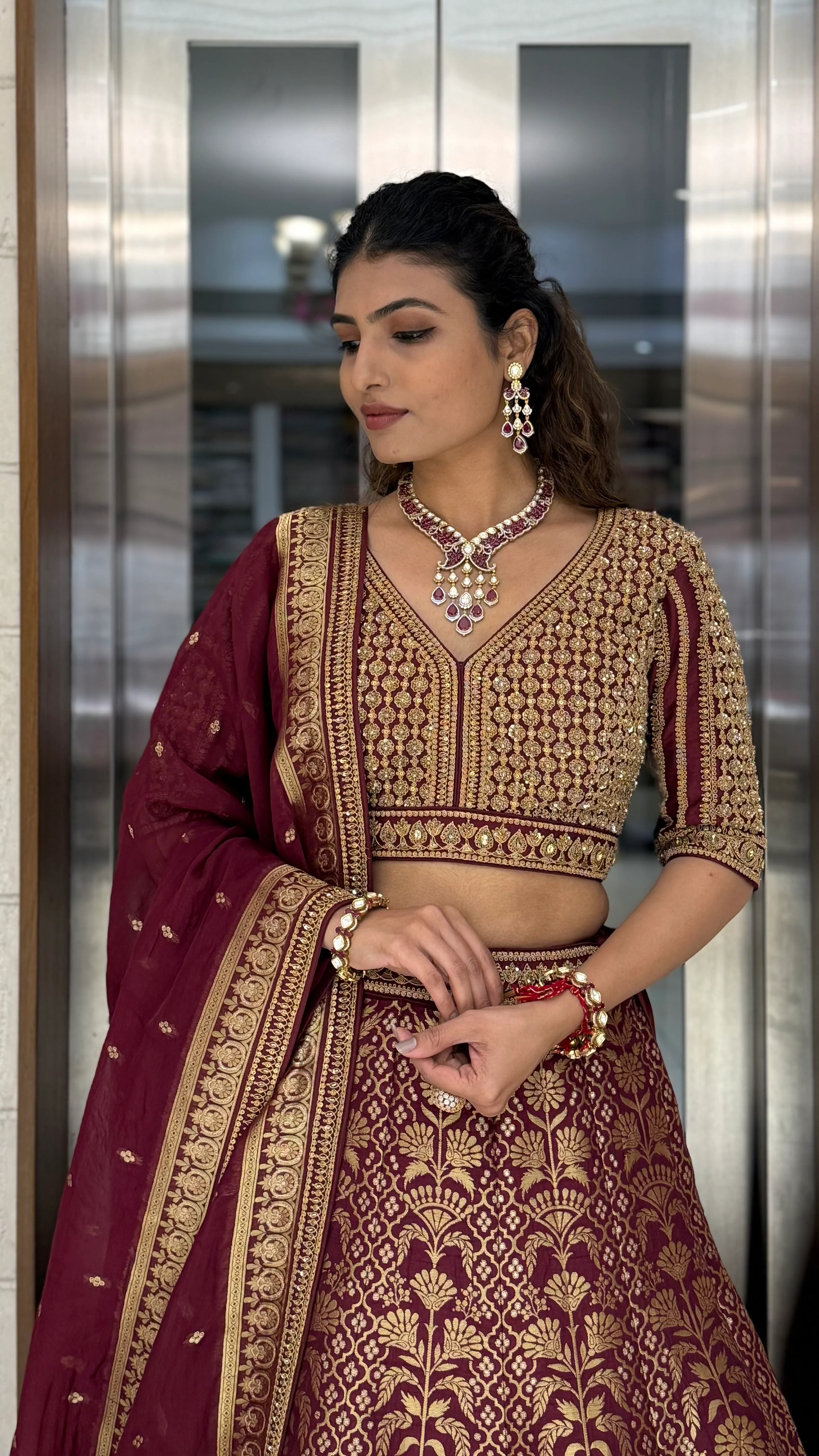Maroon Banarasi Silk Lehenga Set with Heavy Zari Weaving & Hand-Embroidered Blouse - Image 4
