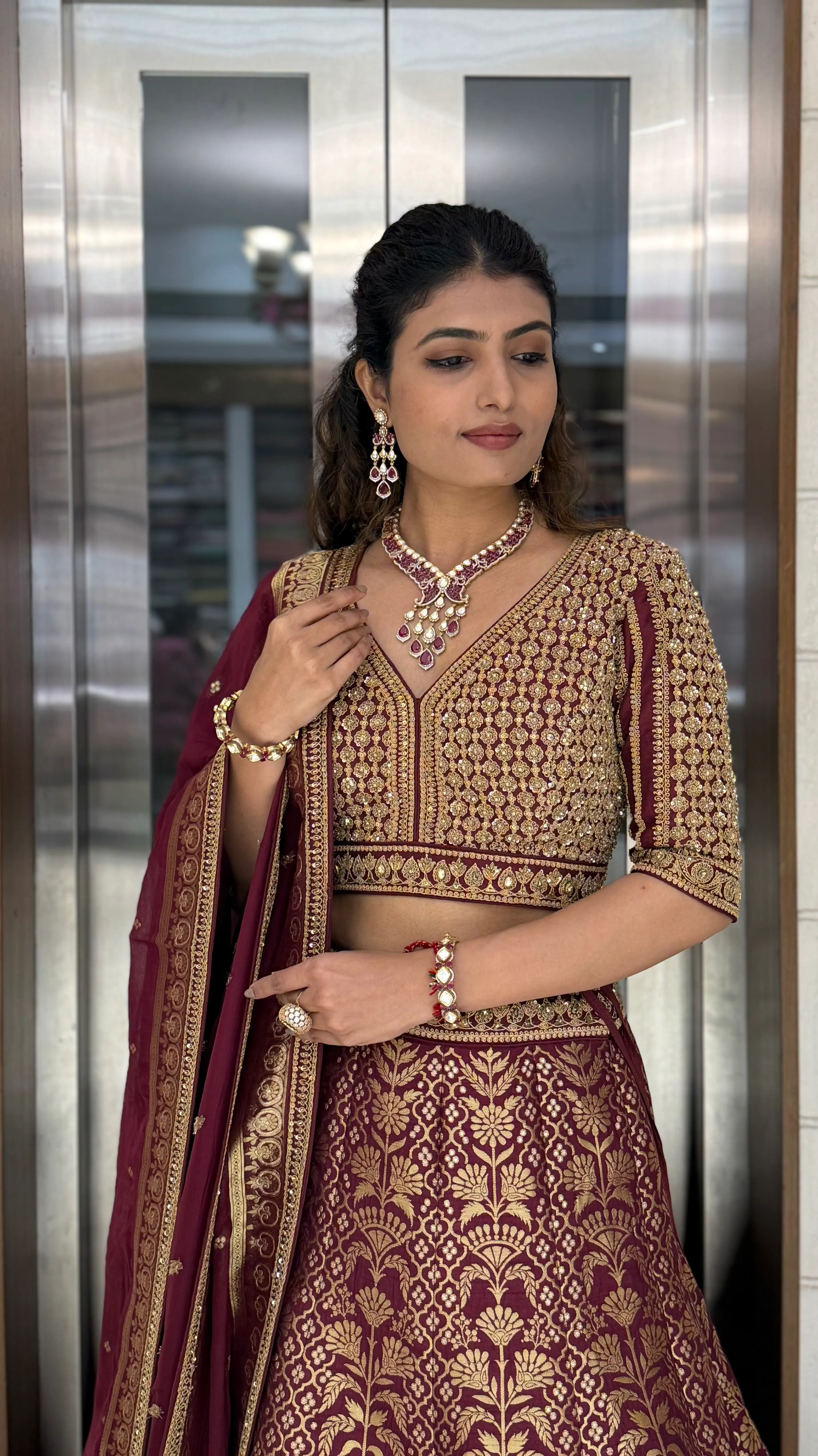 Maroon Banarasi Silk Lehenga Set with Heavy Zari Weaving & Hand-Embroidered Blouse - Image 5