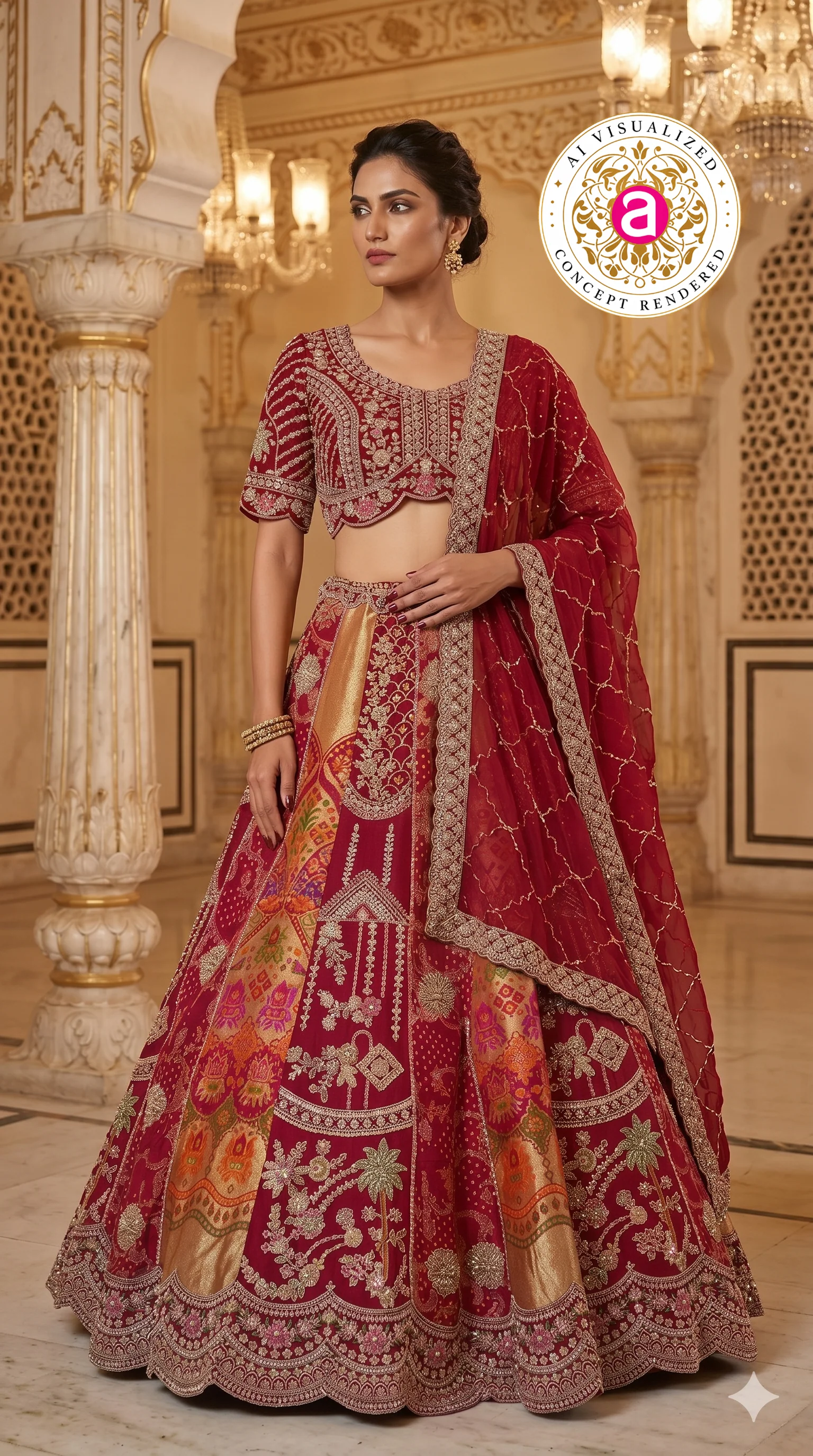 Maroon Bridal Designer Lehenga Set with Heavy Zari Embroidery and Dupatta - Image 3