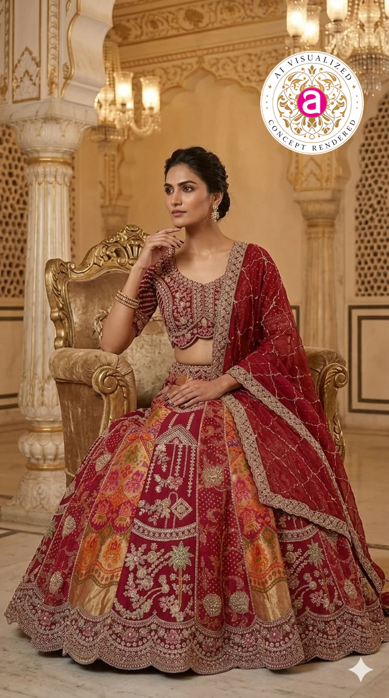 Maroon Bridal Designer Lehenga Set with Heavy Zari Embroidery and Dupatta - Image 4