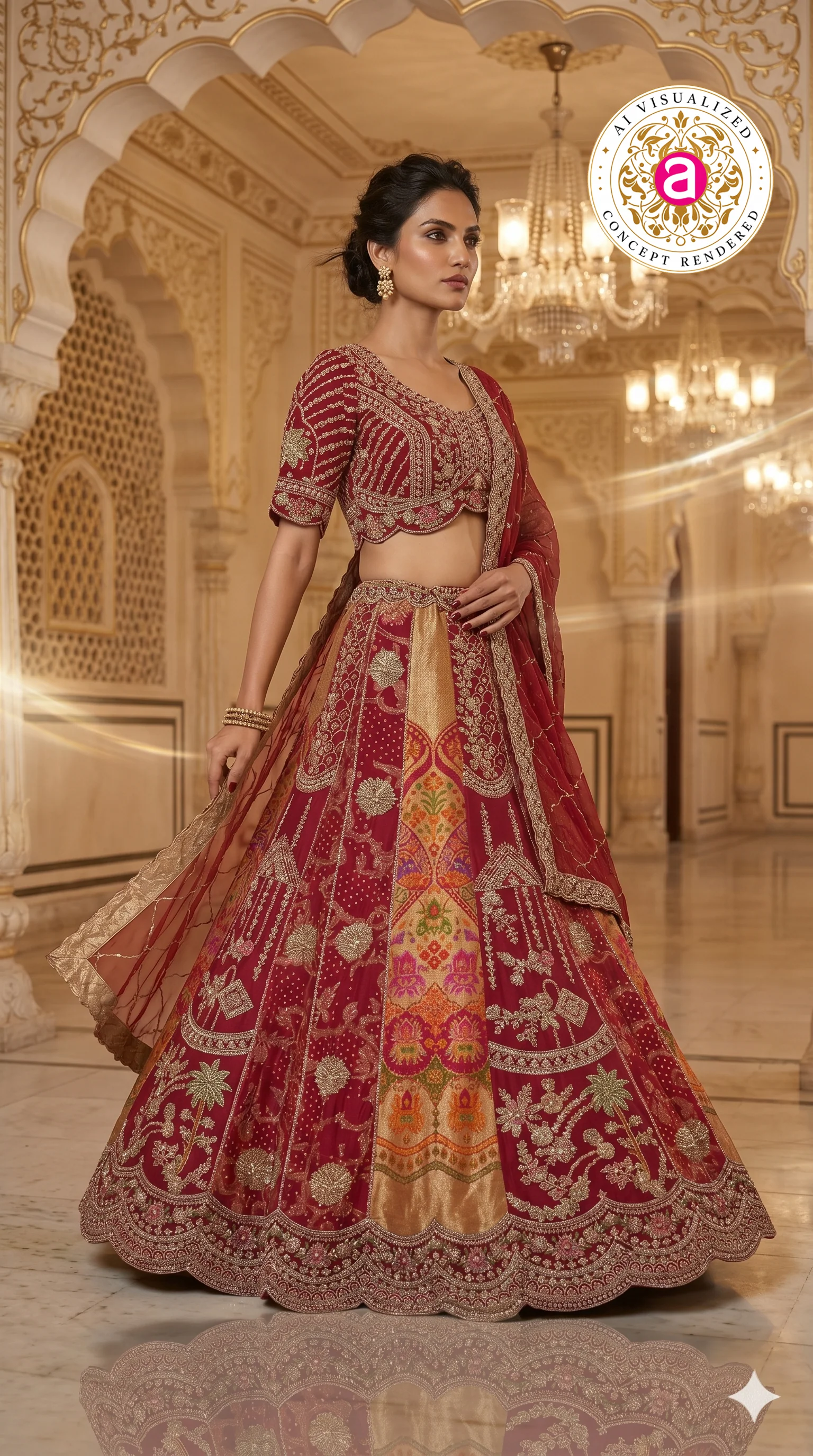 Maroon Bridal Designer Lehenga Set with Heavy Zari Embroidery and Dupatta - Image 5