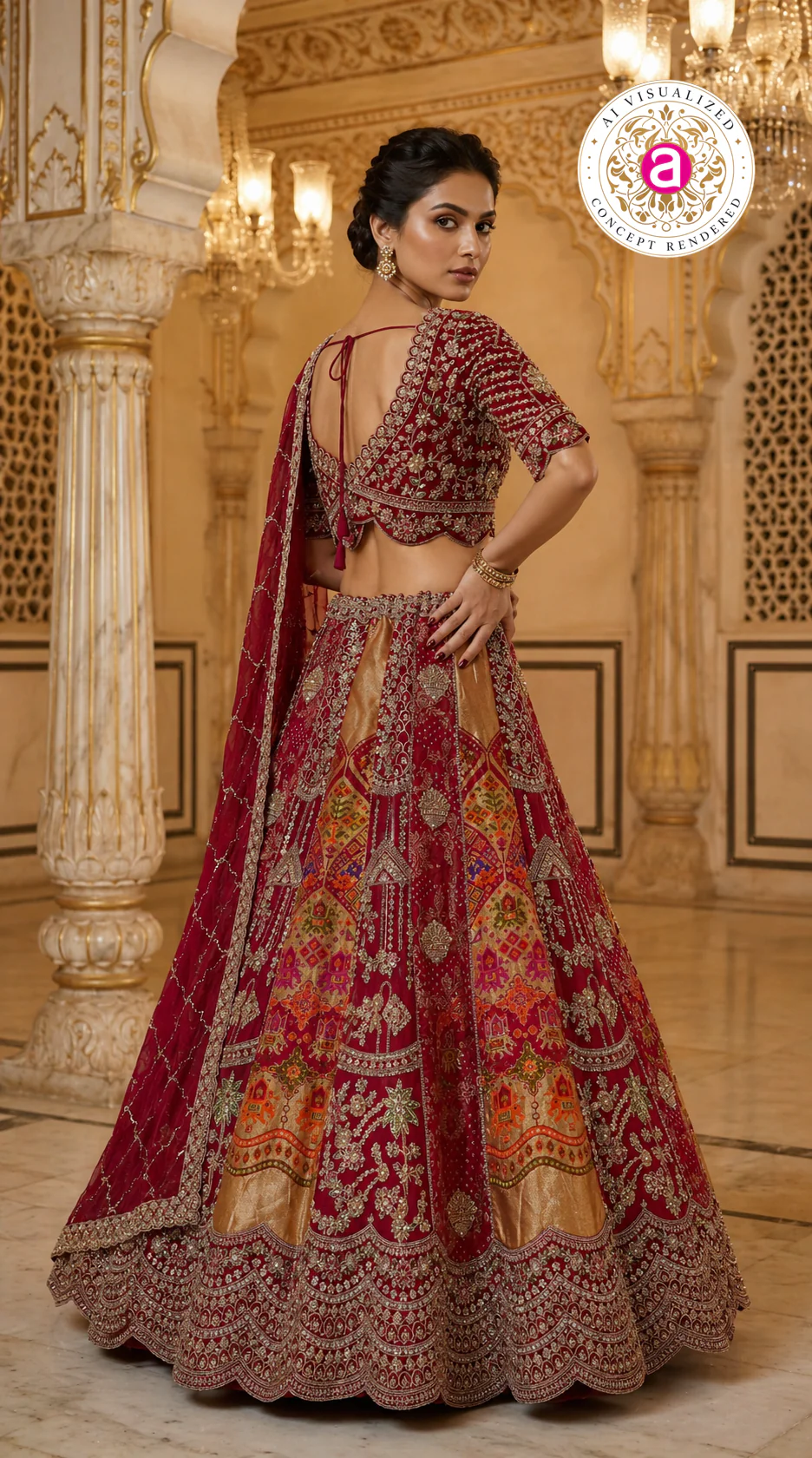 Maroon Bridal Designer Lehenga Set with Heavy Zari Embroidery and Dupatta - Image 6