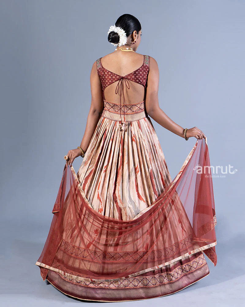 Maroon Embellished Bodice Gown with Beige Tiered Design and Maroon Dupatta - Image 3