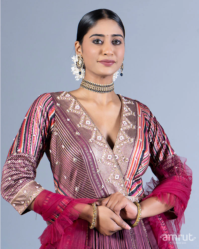 Maroon Embellished Pleated Gown with Red Raffle Dupatta - Image 2