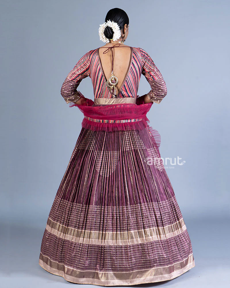 Maroon Embellished Pleated Gown with Red Raffle Dupatta - Image 3