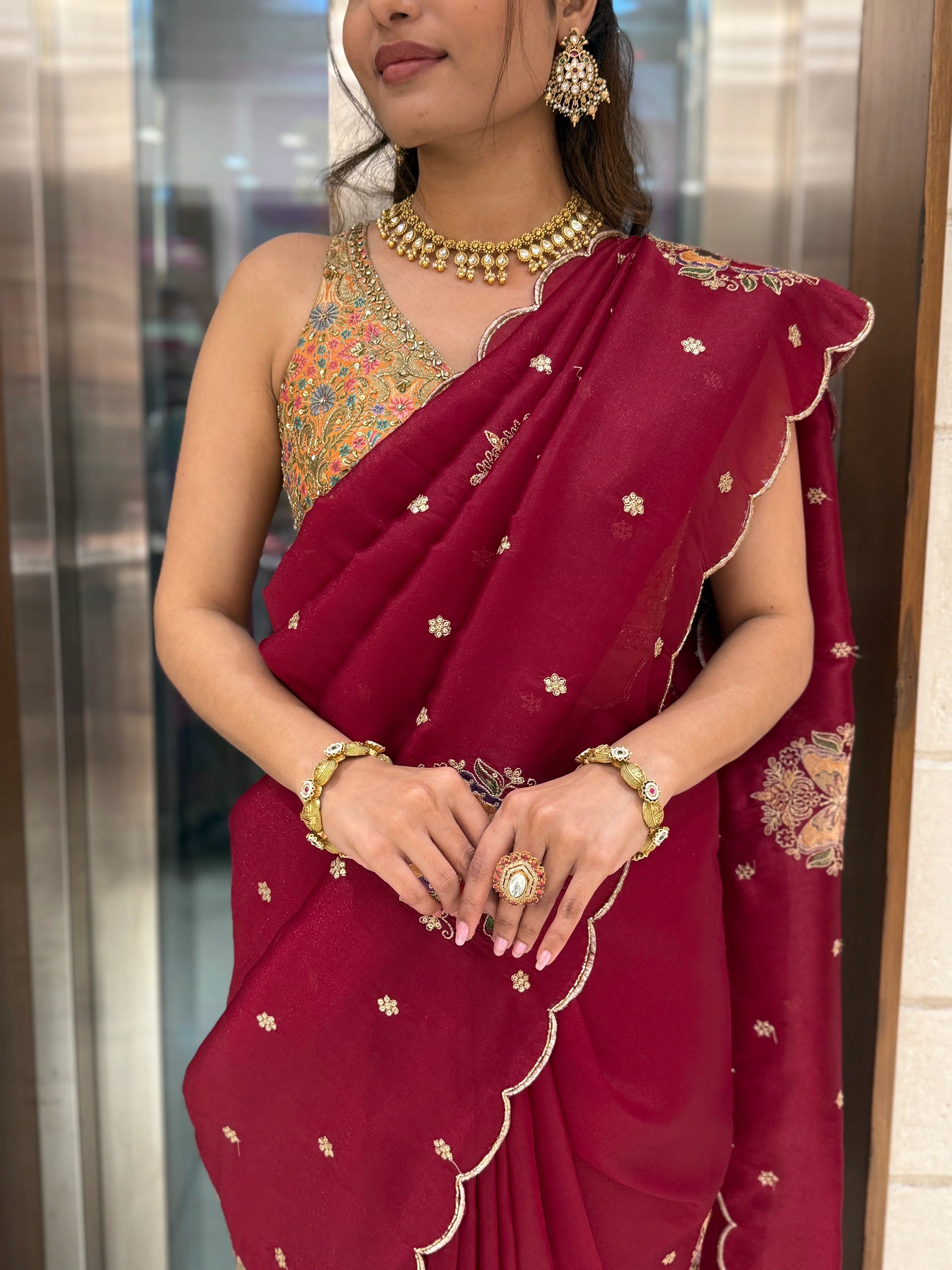Maroon Embroidered Georgette Saree with Designer Blouse - Image 2