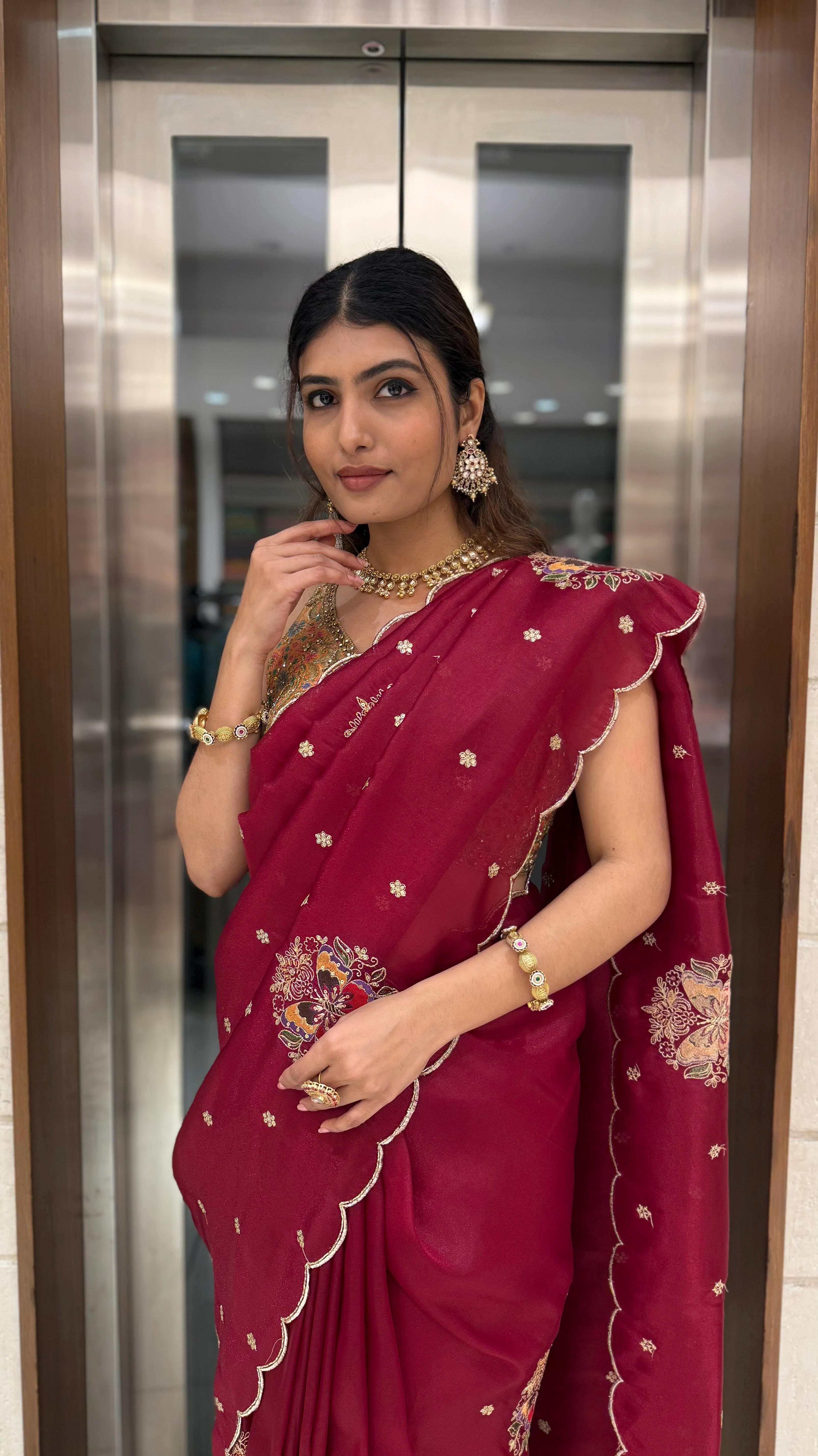 Maroon Embroidered Georgette Saree with Designer Blouse - Image 3