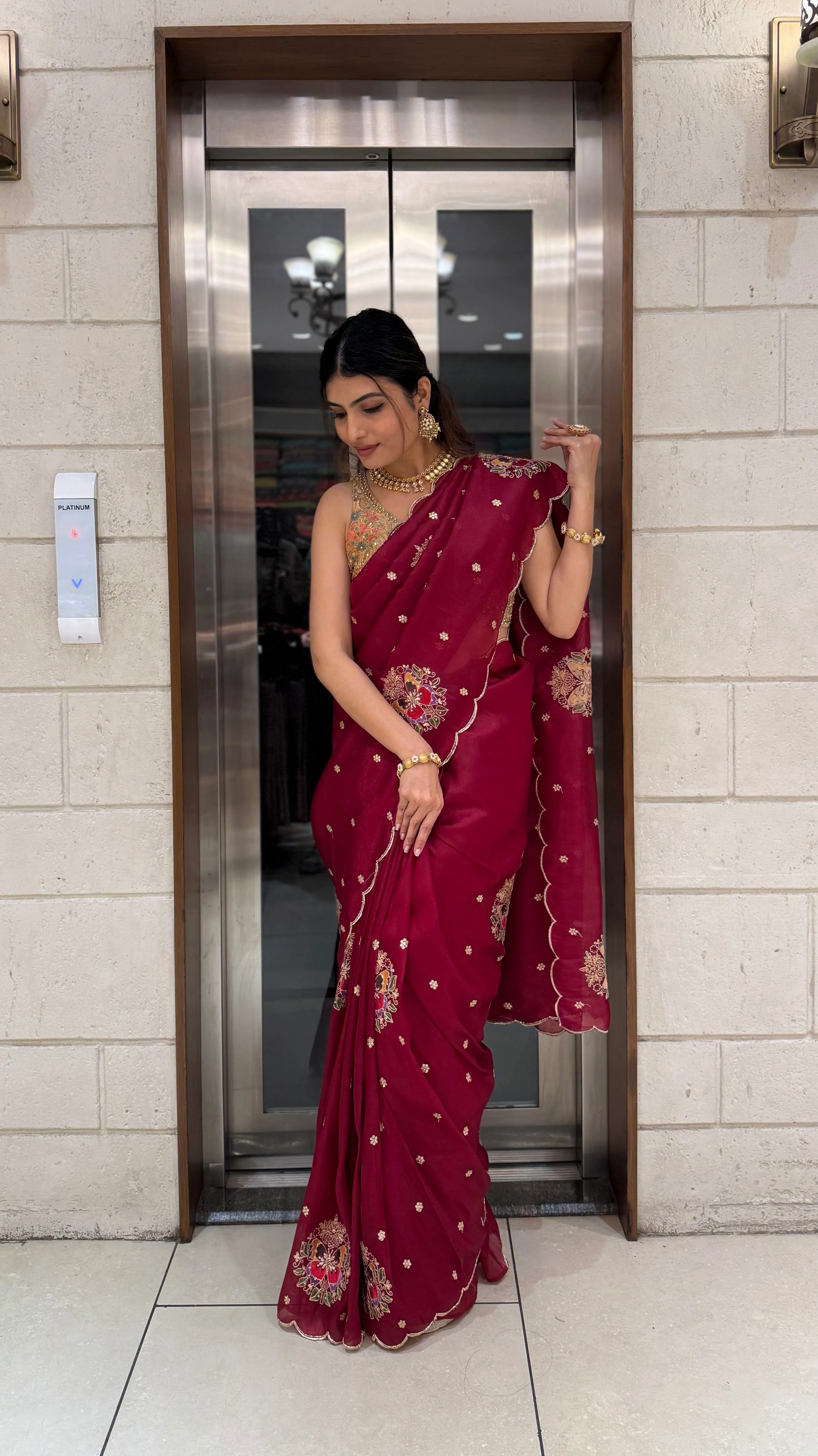 Maroon Embroidered Georgette Saree with Designer Blouse - Image 4