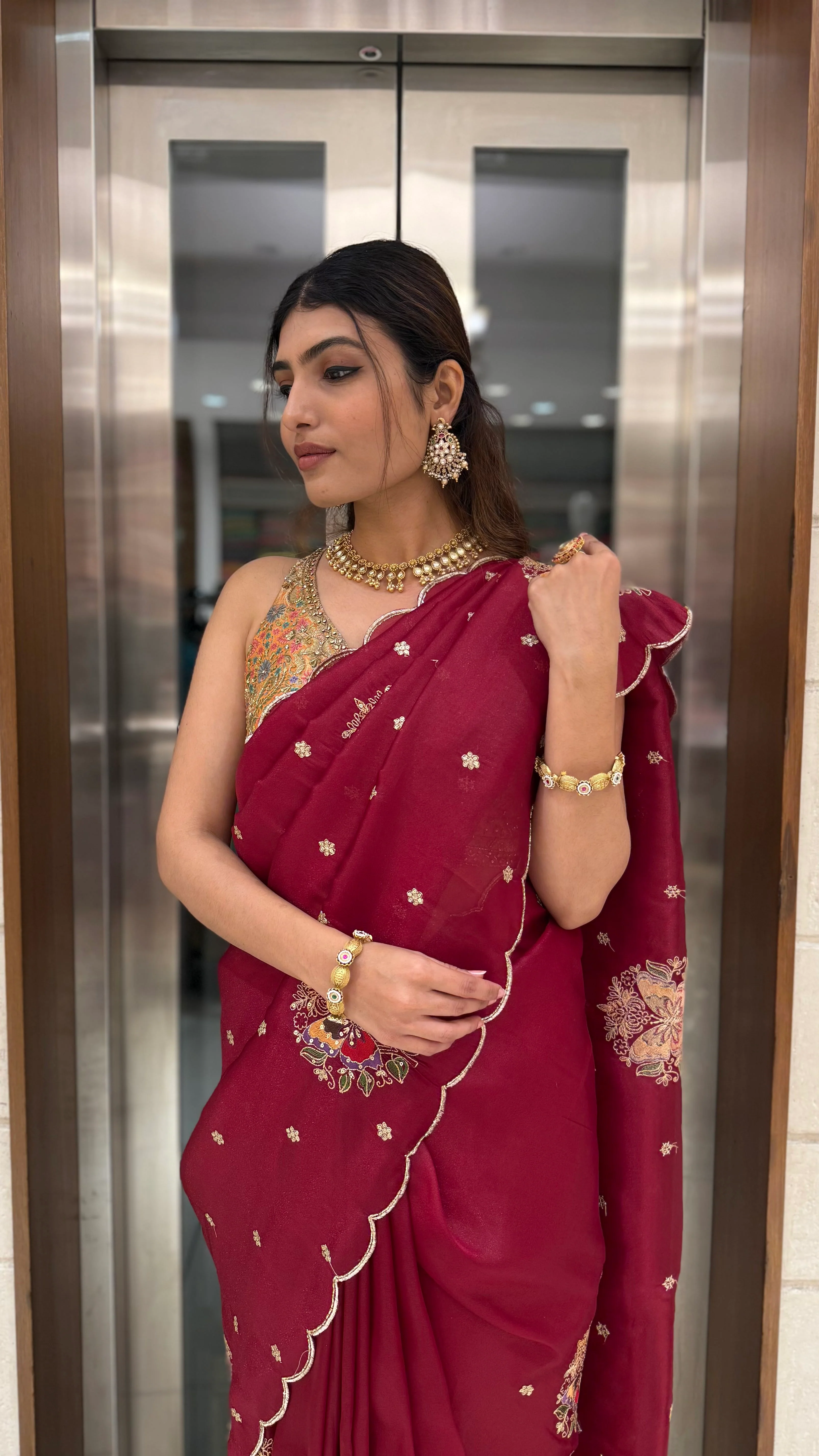 Maroon Embroidered Georgette Saree with Designer Blouse - Image 5