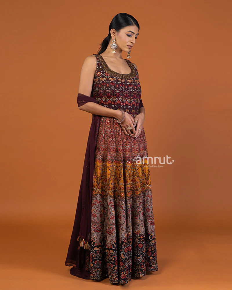 Maroon Floral Embroidered Kurti with Palazzo and Dupatta - Image 4