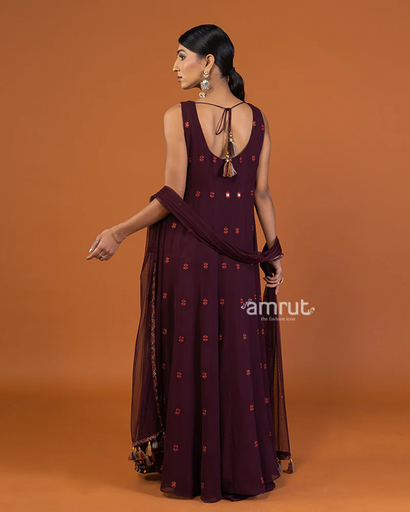 Maroon Floral Embroidered Kurti with Palazzo and Dupatta - Image 5
