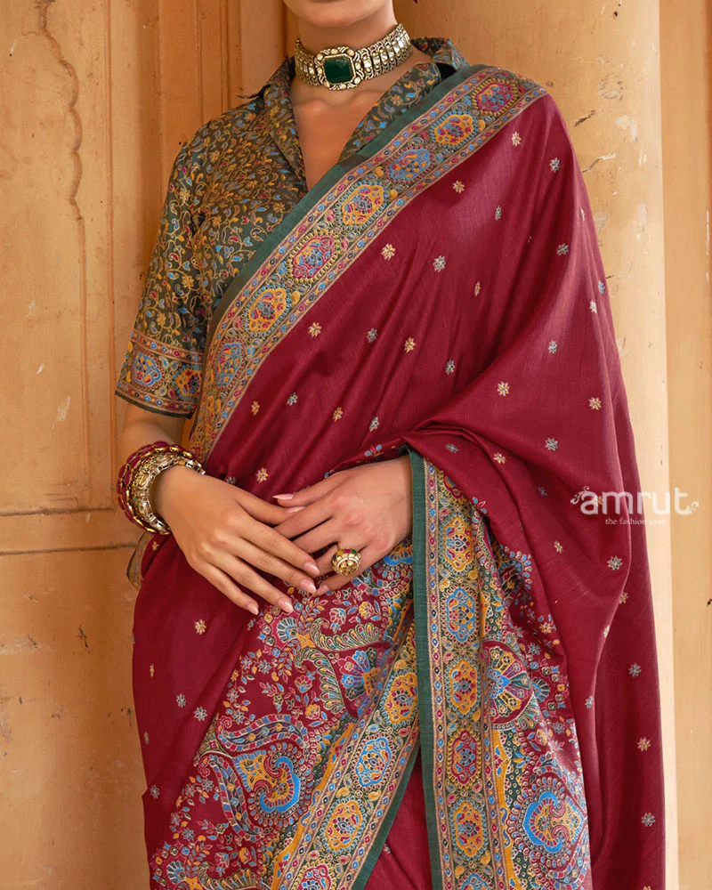 Maroon Floral Printed Border Saree with Unstitched Blouse - Image 3
