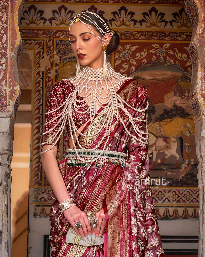 Maroon Floral Printed Patola Saree with Zari Woven Border and Unstitched Blouse - Image 2