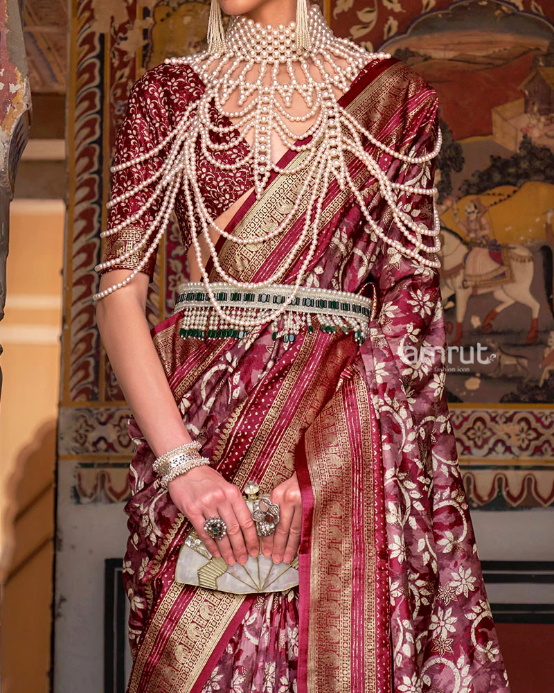 Maroon Floral Printed Patola Saree with Zari Woven Border and Unstitched Blouse - Image 3