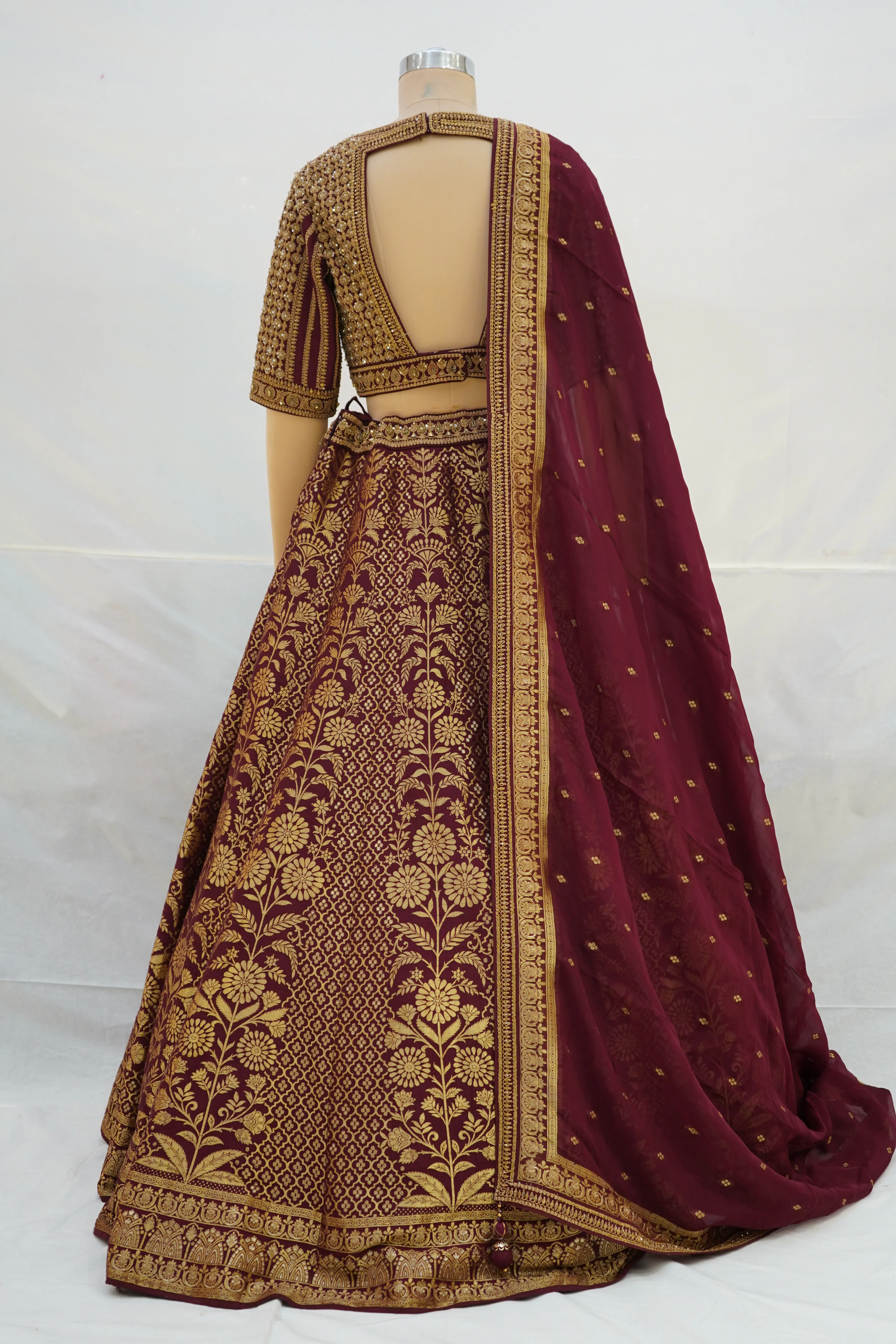 Maroon & Gold Banarasi Designer Lehenga Choli with Woven Dupatta - Image 10