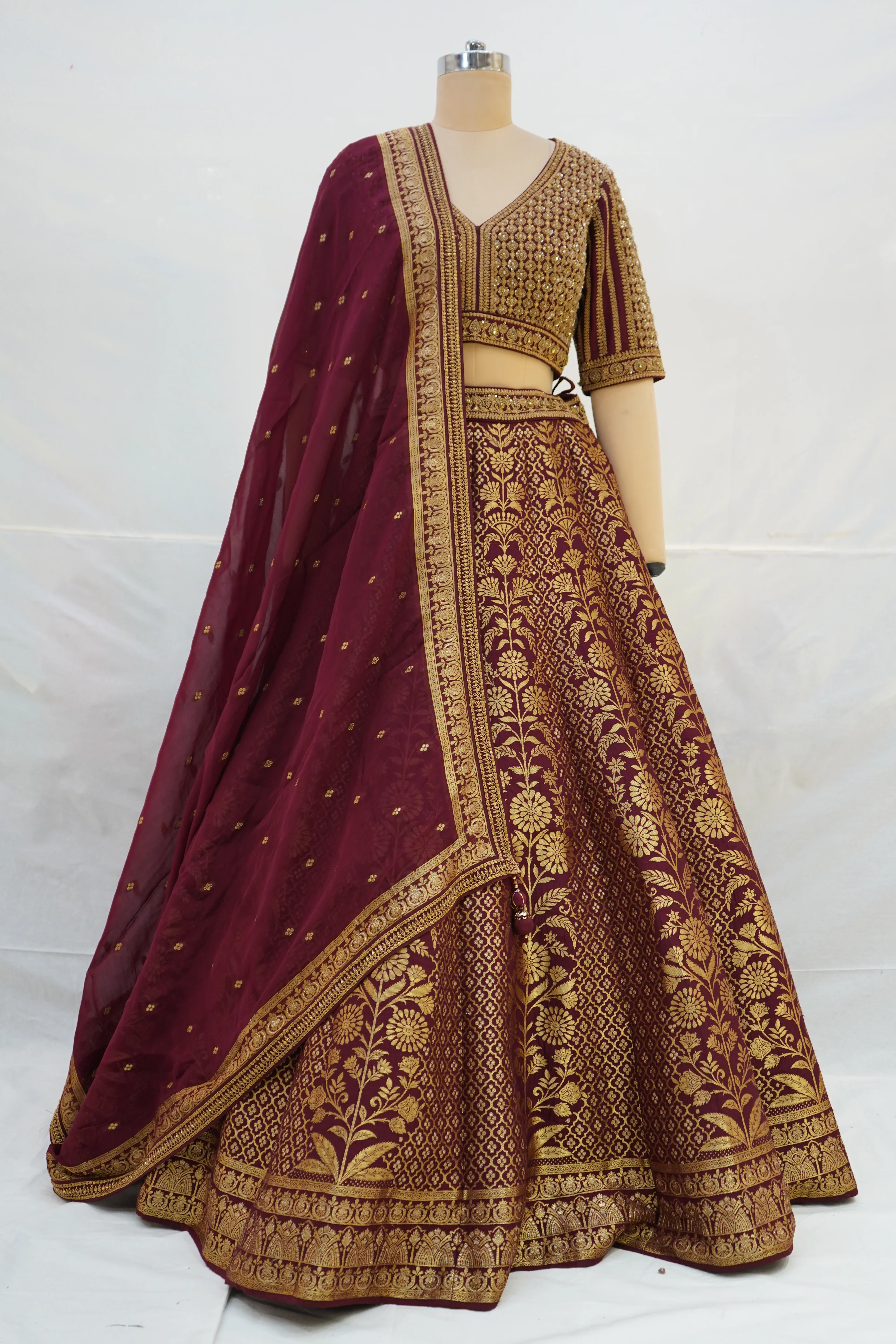 Maroon & Gold Banarasi Designer Lehenga Choli with Woven Dupatta - Image 11