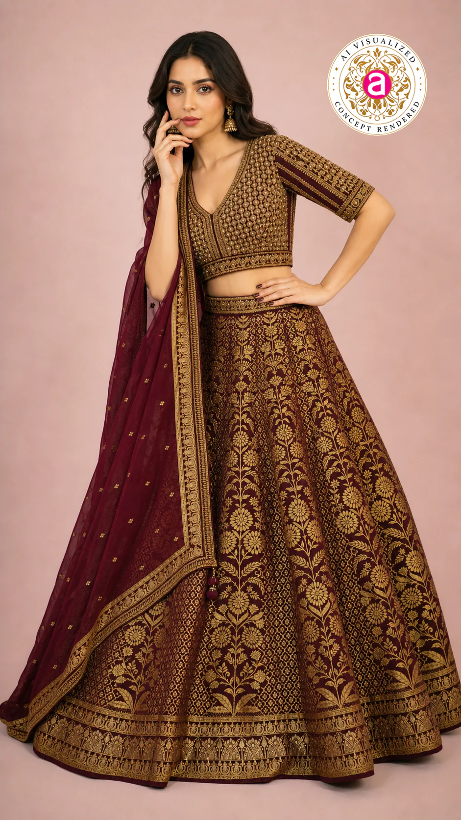 Maroon & Gold Banarasi Designer Lehenga Choli with Woven Dupatta - Image 2