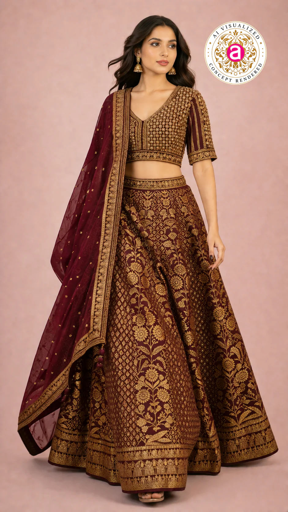 Maroon & Gold Banarasi Designer Lehenga Choli with Woven Dupatta - Image 3