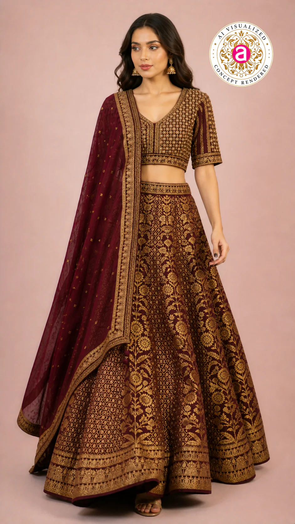 Maroon & Gold Banarasi Designer Lehenga Choli with Woven Dupatta - Image 4
