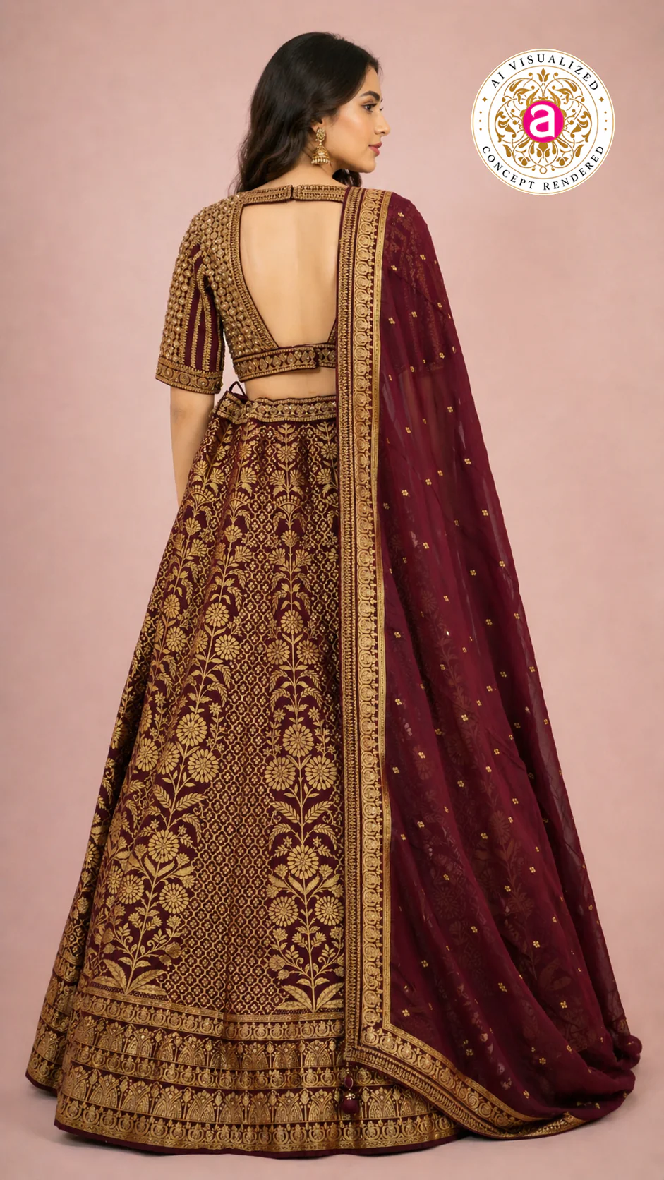 Maroon & Gold Banarasi Designer Lehenga Choli with Woven Dupatta - Image 5