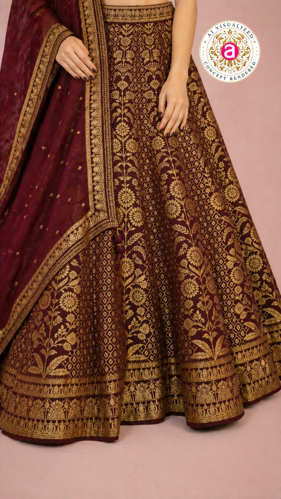 Maroon & Gold Banarasi Designer Lehenga Choli with Woven Dupatta - Image 6
