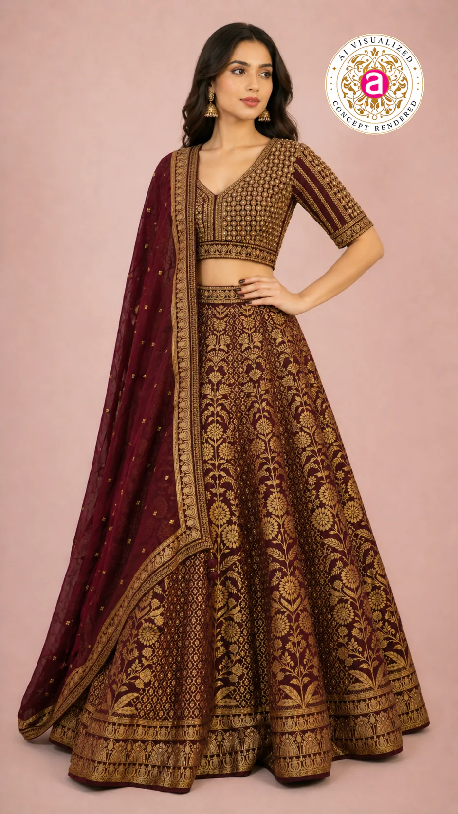 Maroon & Gold Banarasi Designer Lehenga Choli with Woven Dupatta - Image 8