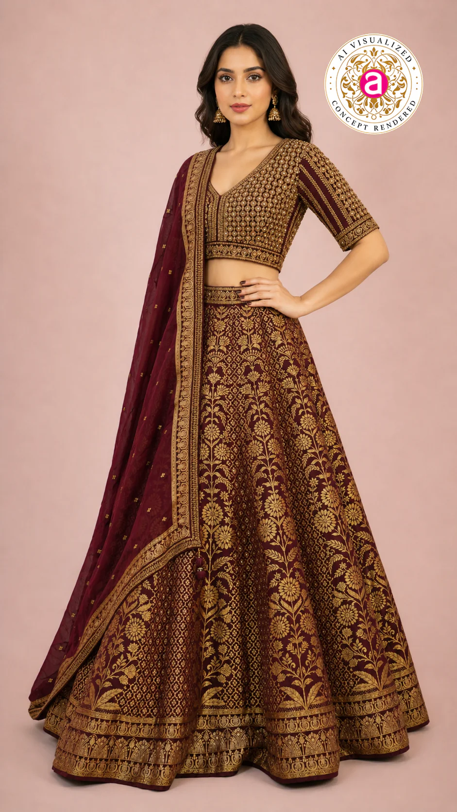 Maroon & Gold Banarasi Designer Lehenga Choli with Woven Dupatta - Image 9
