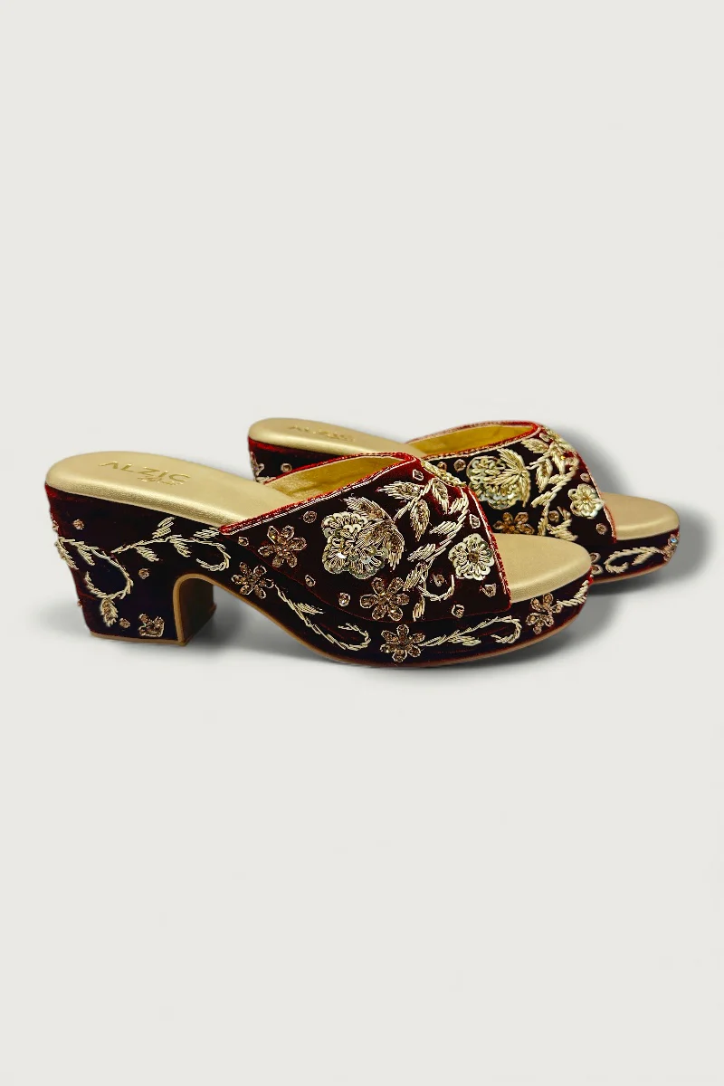 Maroon & Gold Embroidered Wedge Heels – Bridal & Festive Designer Footwear - Image 2