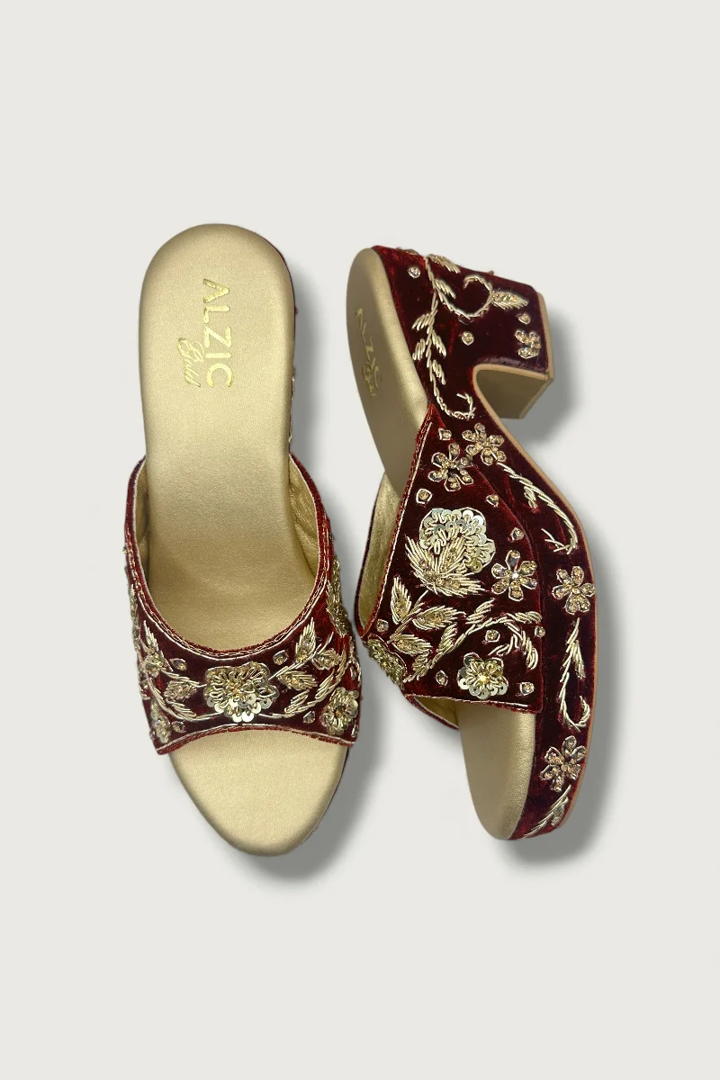 Maroon & Gold Embroidered Wedge Heels – Bridal & Festive Designer Footwear - Image 3
