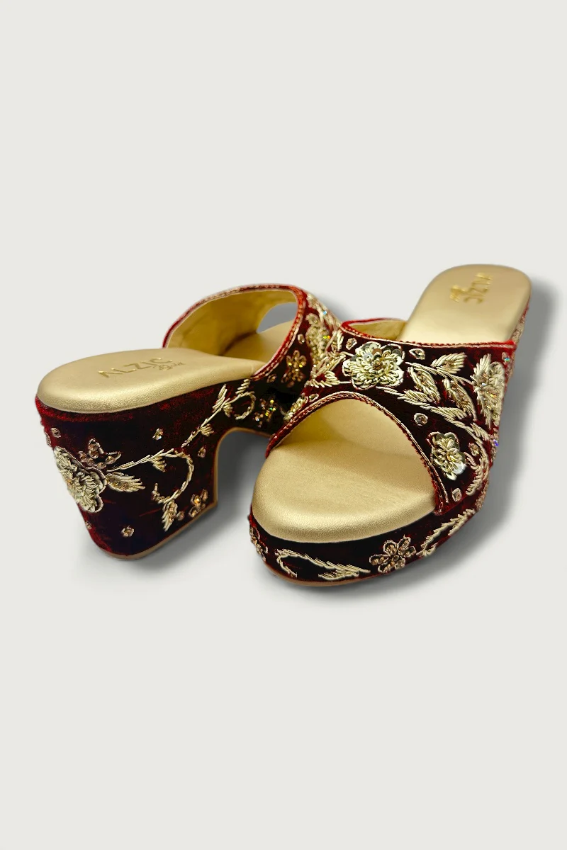 Maroon & Gold Embroidered Wedge Heels – Bridal & Festive Designer Footwear - Image 4
