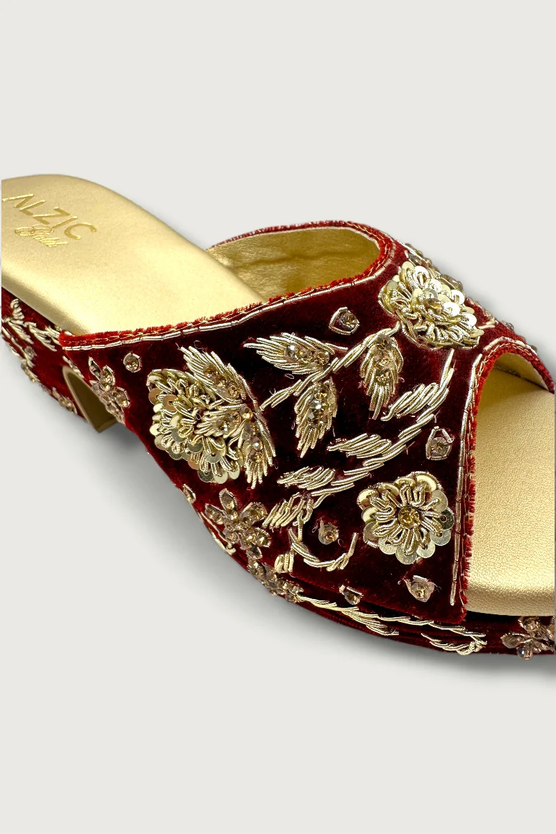 Maroon & Gold Embroidered Wedge Heels – Bridal & Festive Designer Footwear - Image 5