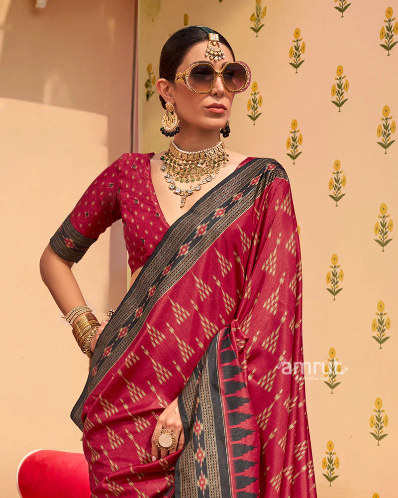 Maroon Ikat Printed  Saree with Contrast Black Border and Unstitched Blouse - Image 2
